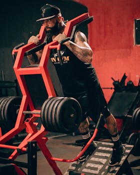 Tattooed man in gym performing leg press exercises on equipment, showcasing fitness and strength.