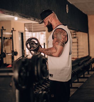 Tattooed man lifting dumbbells in a gym, showcasing fitness and strength.