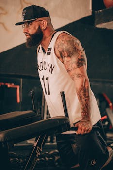 Bearded man with arm tattoos working out indoors, showcasing strength and fitness.