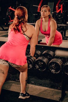 A young woman in a pink tank top working out with dumbbells in a gym, looking at her reflection.