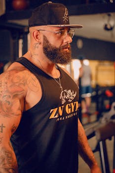 Bearded man with tattoos and cap working out in gym, focusing on fitness and health.