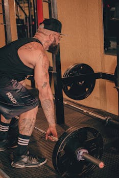 Muscular tattooed man lifting weights indoors, showcasing fitness and strength.