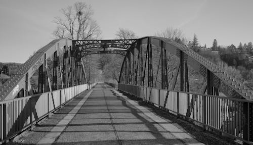 Grayscale Photo of a Steel Bridge