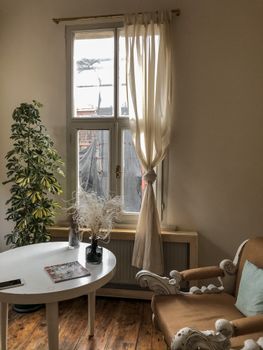 Bright living room with a window, plant, and elegant furniture. Ideal for home decor inspiration.
