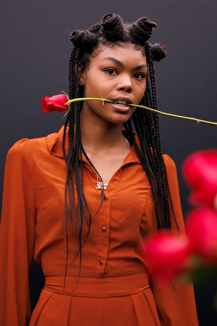 Girl With African Hairstyle Keeping Red Rose In Teeth