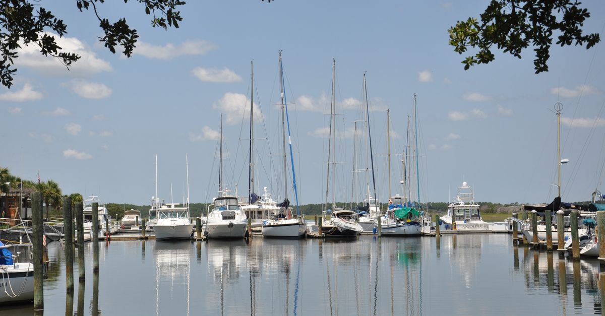 Scenic marina in Florida with sailboats and yachts docked on a peaceful day.