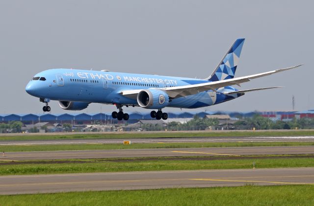 Etihad Airways aircraft with Manchester City branding landing on a runway, showcasing vivid livery. — arriving in Manchester