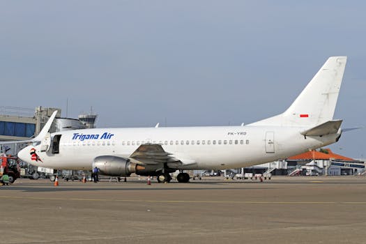 Trigana Air airplane on airport runway during daytime. Clear sky and terminal in background.
