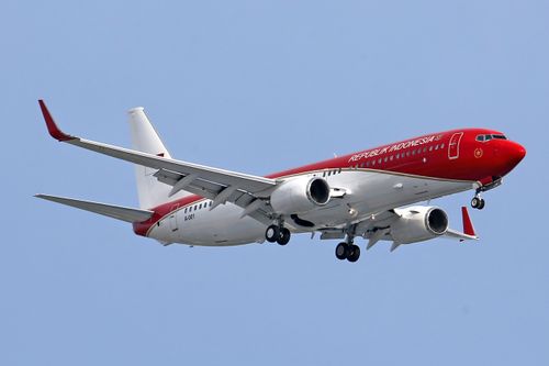Free A red and white passenger jet from Indonesia captured mid-air on a clear day. Stock Photo