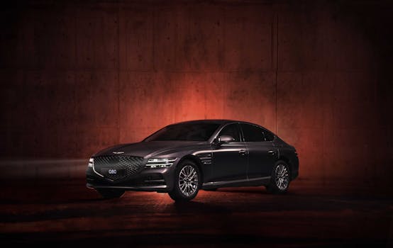 A sleek black Genesis G80 parked against a moody dark background, emphasizing luxury.
