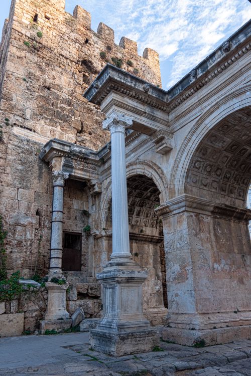 Free Medieval stone arches and towers in Antalya, Turkey's ancient architecture. Stock Photo