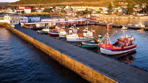 Aerial view of fishing boats moored in Kalk Bay Harbor