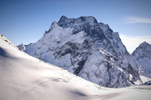A Snow Covered Mountain Under the Blue Sky