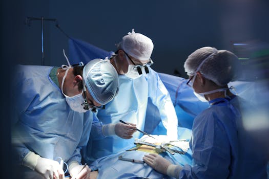 Team of surgeons meticulously performing surgery in a sterile operating room, highlighting expert medical care.