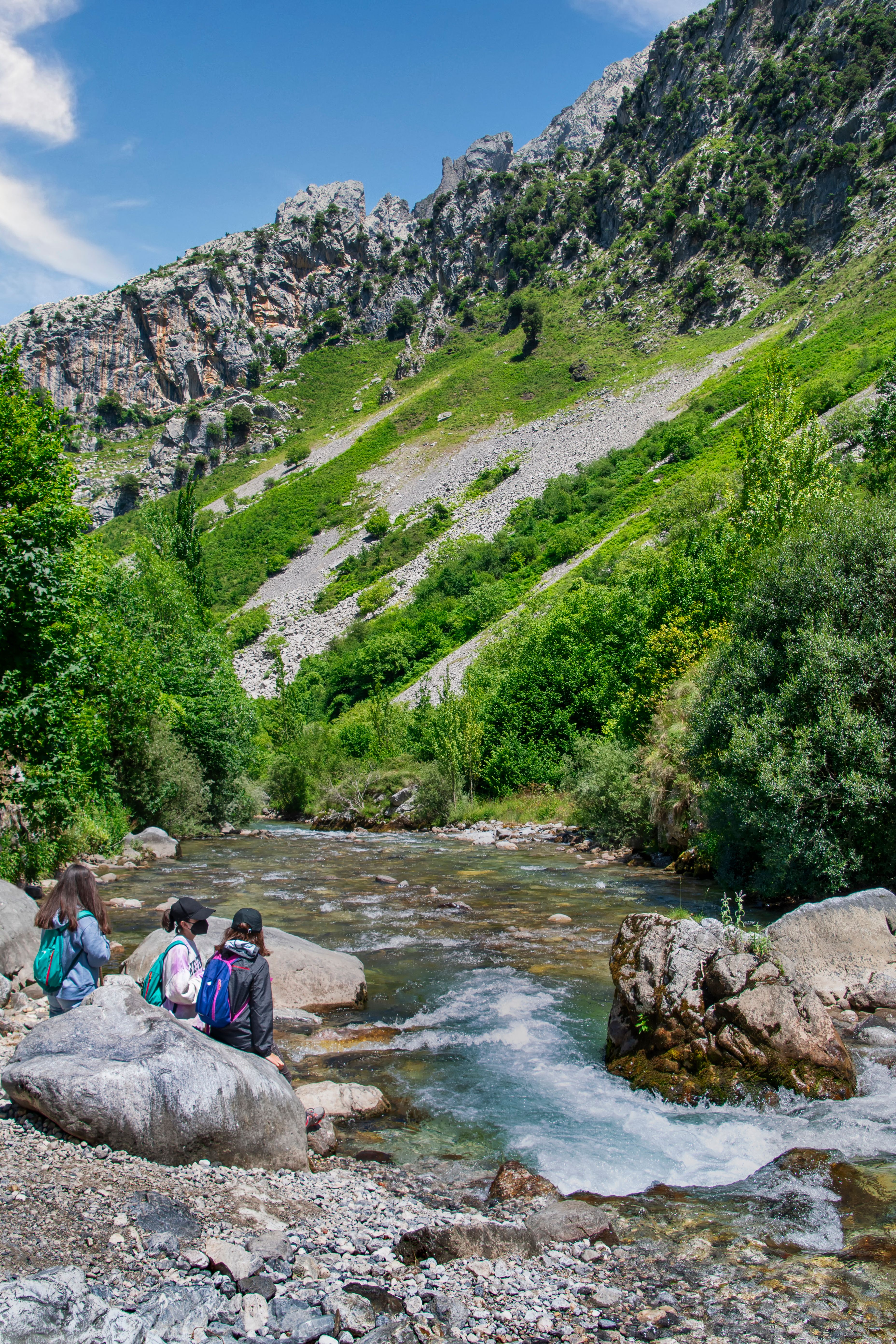 Fotomural Grupo de excursionistas disfrutando de un descanso junto a un río de montaña rodeado de frondosa vegetación.