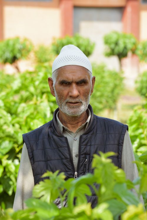 Free Elderly man wearing a white kufi and vest, posing in a lush green garden setting. Stock Photo