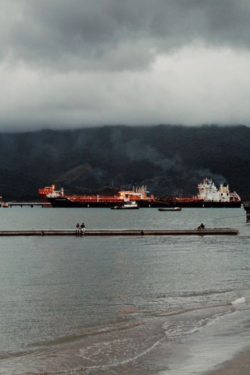 Free Large commercial ships anchored at a harbor under an overcast sky, creating a dramatic coastal scene. Stock Photo