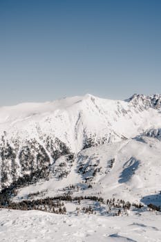 A stunning view of snow-covered mountains under a bright blue sky, showcasing winter's beauty and tranquility.