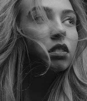 Close-up black and white portrait of a woman with flowing hair and expressive gaze.