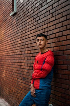 A young man in a Spiderman costume poses against a brick wall, gazing confidently.