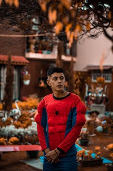 A young man poses in a Spider-Man costume outdoors during fall.
