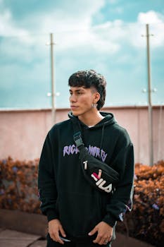 Young man outdoors in black hoodie and fanny pack, serious expression.