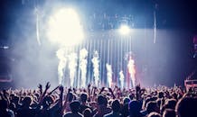 音乐会现场充满活力，欢呼的人群和明亮的舞台灯光营造出动感的氛围