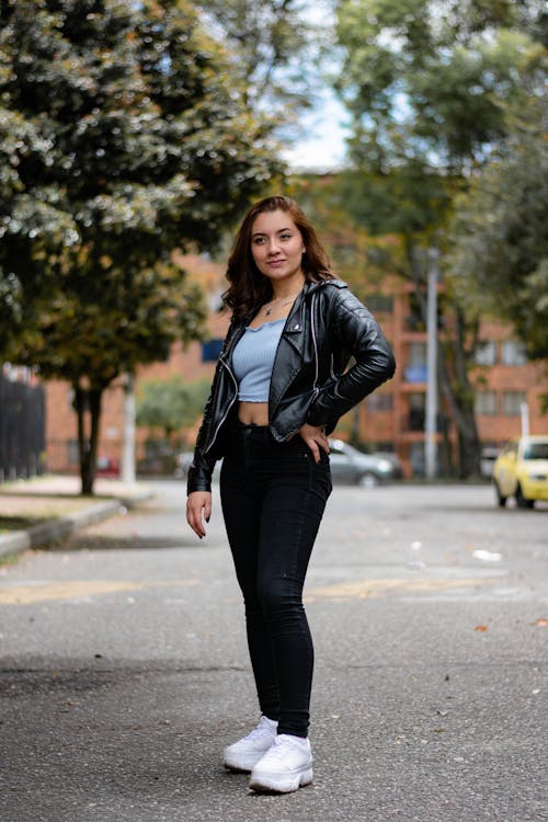 Brunette Woman Wearing Leather Jacket