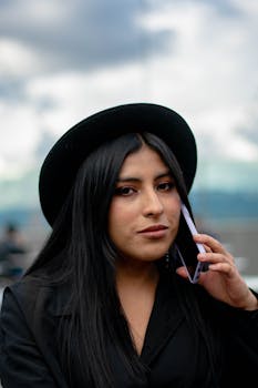 Portrait of a woman in a black hat using a smartphone in an outdoor setting.