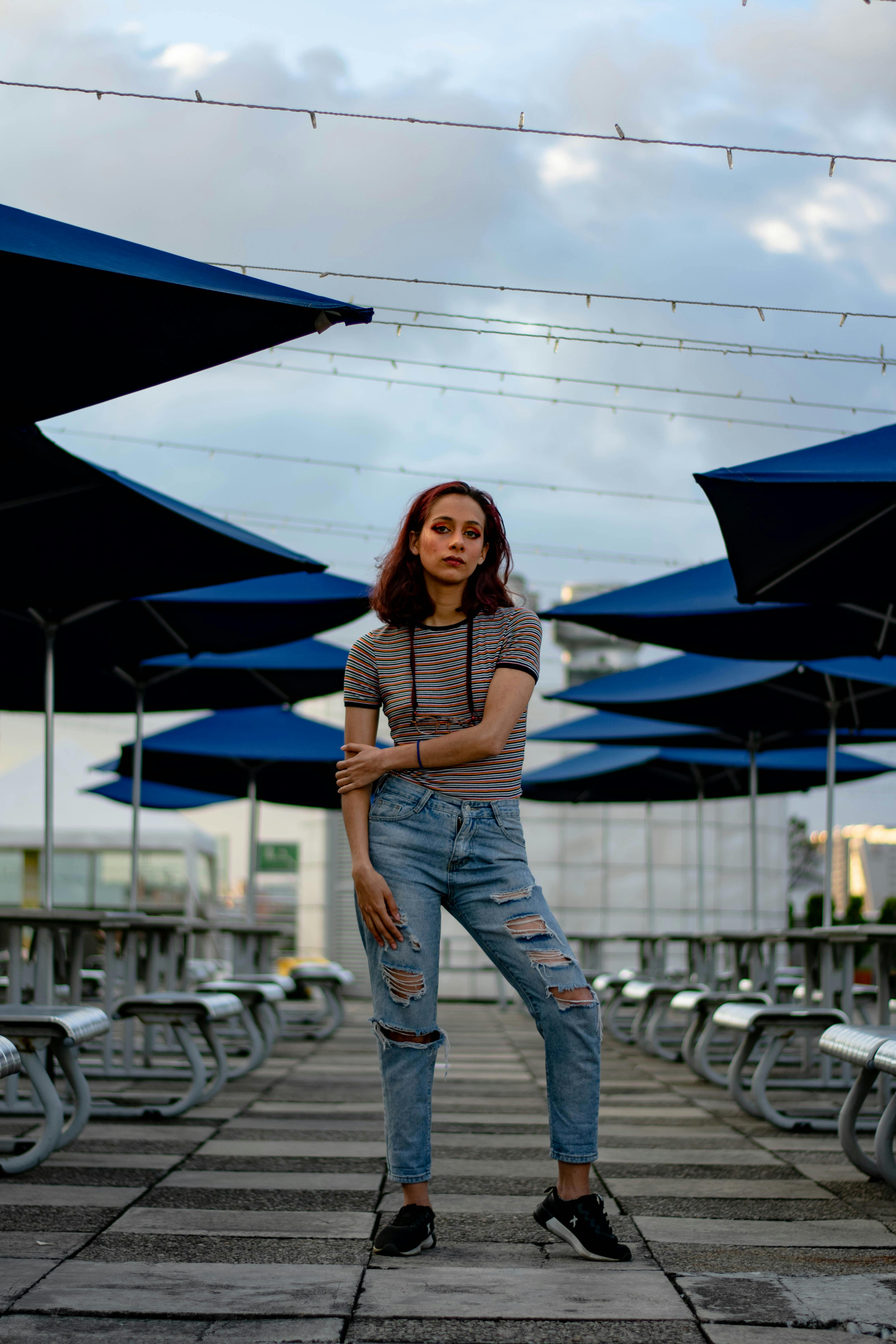 Ripped cheap striped jeans