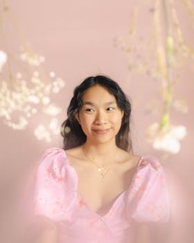 A young woman in a pink dress smiles serenely against a soft floral background.