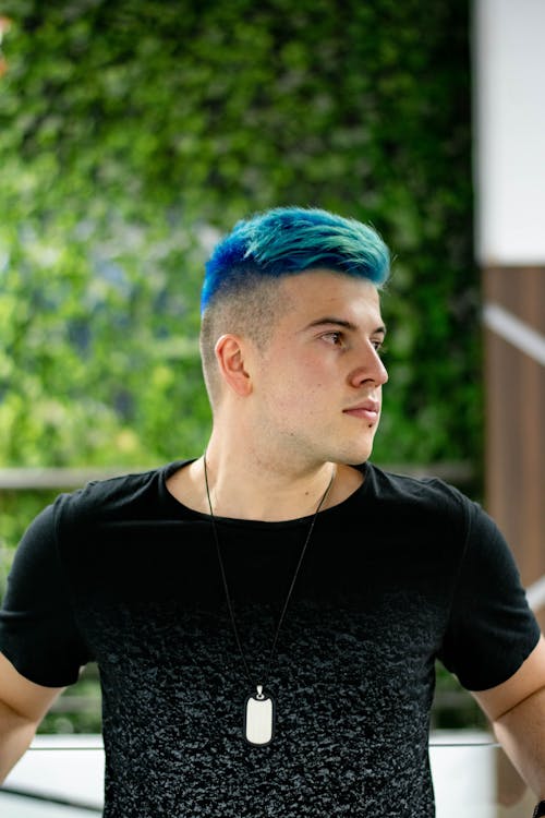 Young Man with Blue Hair in Tshirt 
