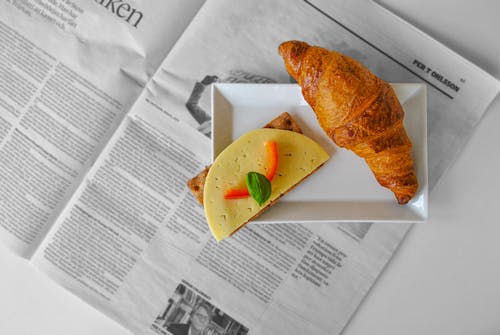 Free Croissant Bread and Sliced Cheese Placed on White Ceramic Saucer Stock Photo