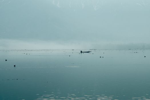 Calm, foggy lake with a lone boat, evoking serenity and peace.