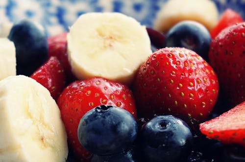 Sliced Strawberries, Banana, and Blackberries