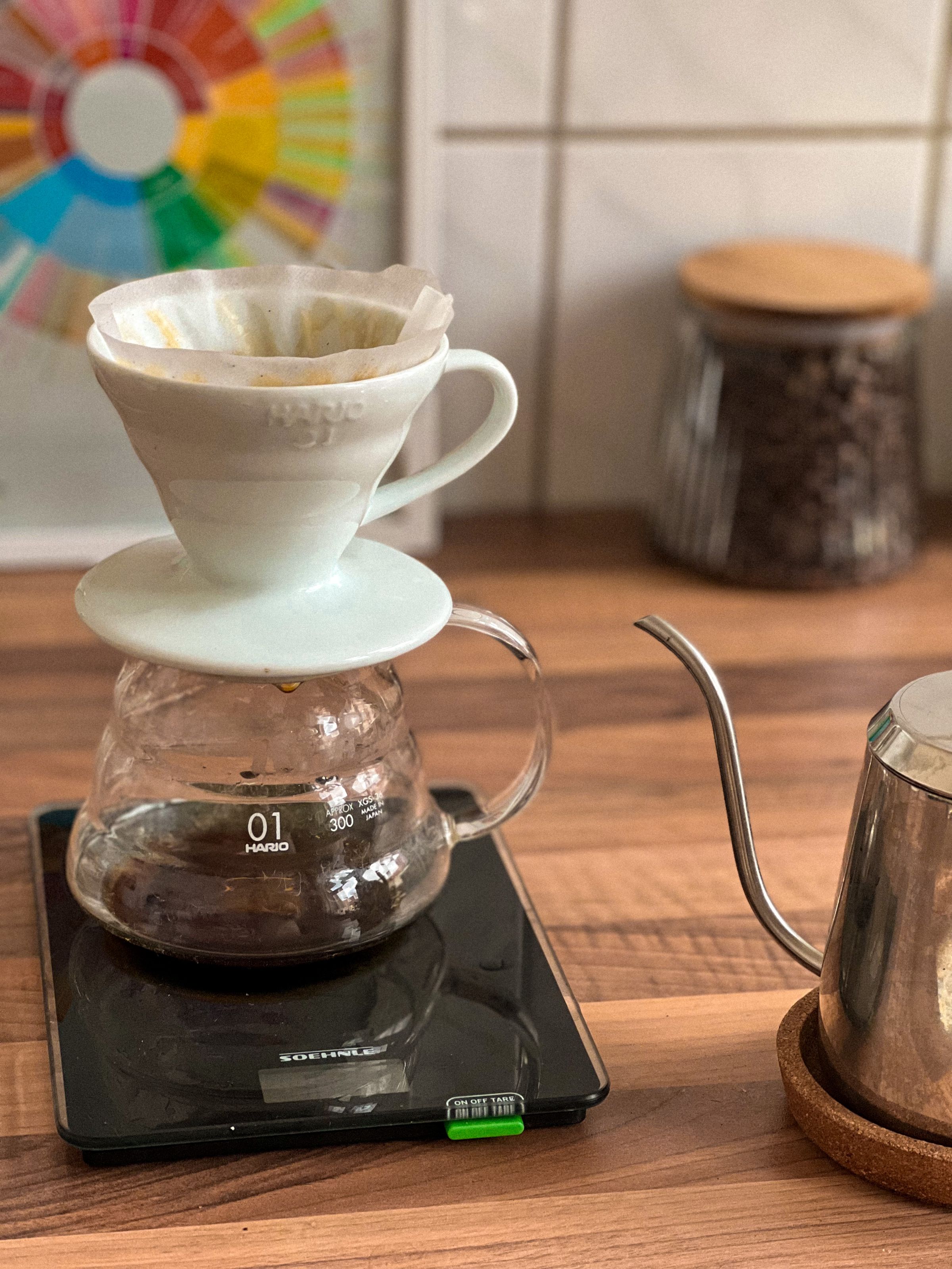 A cinematic coffee brewing scene with Leafora equipment