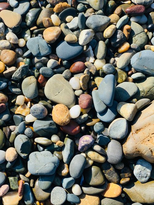 Free Close-up of various colorful stones and pebbles on a sunlit beach. Stock Photo
