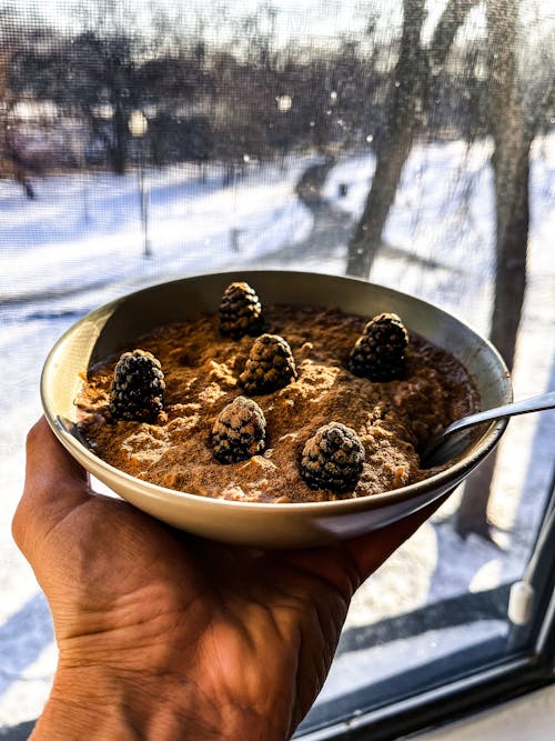 Person Holding Bowl With Oatmeal and Blackberries 