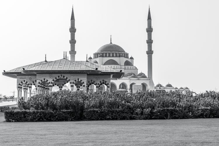 Grayscale Photography Of Sharjah Mosque