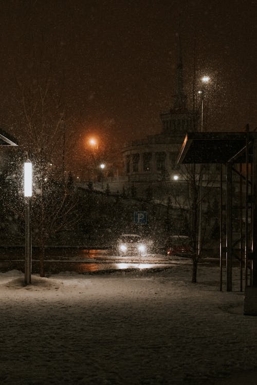 A Snow Covered Ground with Street Lights at Night