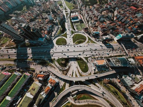 Free Aerial photograph showcasing Istanbul's intricate highway system and urban landscape. Stock Photo