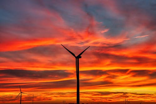 Foto d'estoc gratuïta de aerogeneradors, alba, capvespre