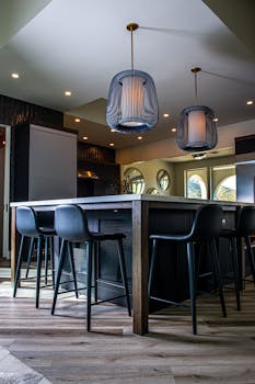 Stylish kitchen interior featuring pendant lighting above a central island.