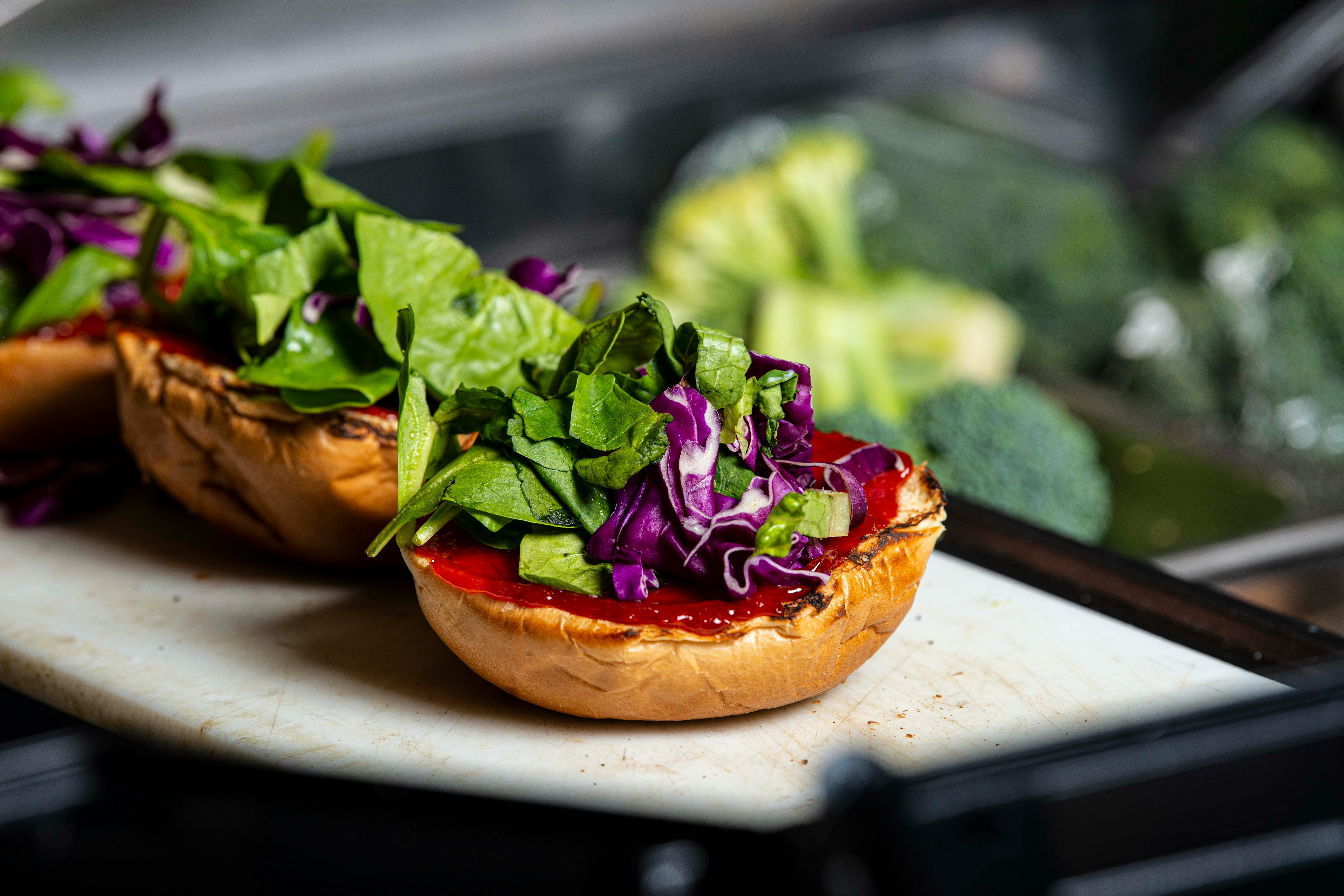 Ingredients for smash burger salad neatly arranged