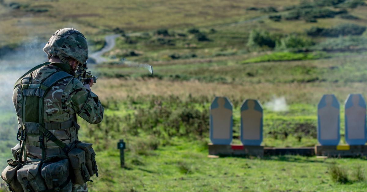 A soldier in military gear engages in shooting practice on an outdoor range.