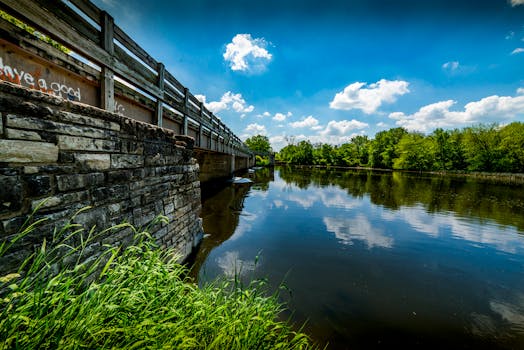 夏日景色美丽，桥梁、河流与阳光下充满活力的倒影相映成趣