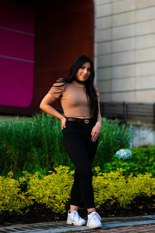 Brunette Posing in Blouse and Pants