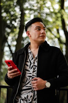 Casual man in a black jacket holding smartphone and looking away, standing outdoors.