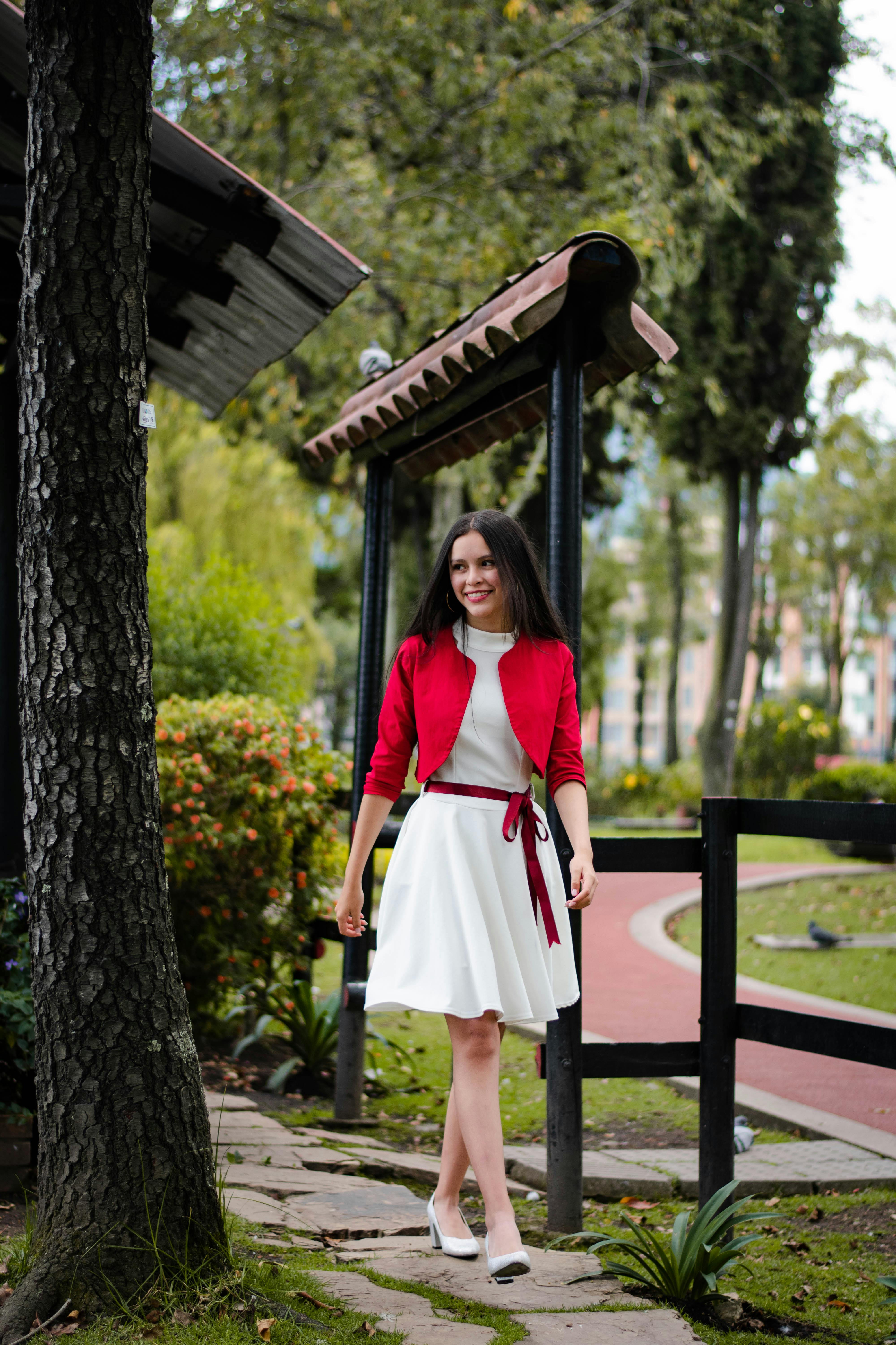 Red dress store white blazer