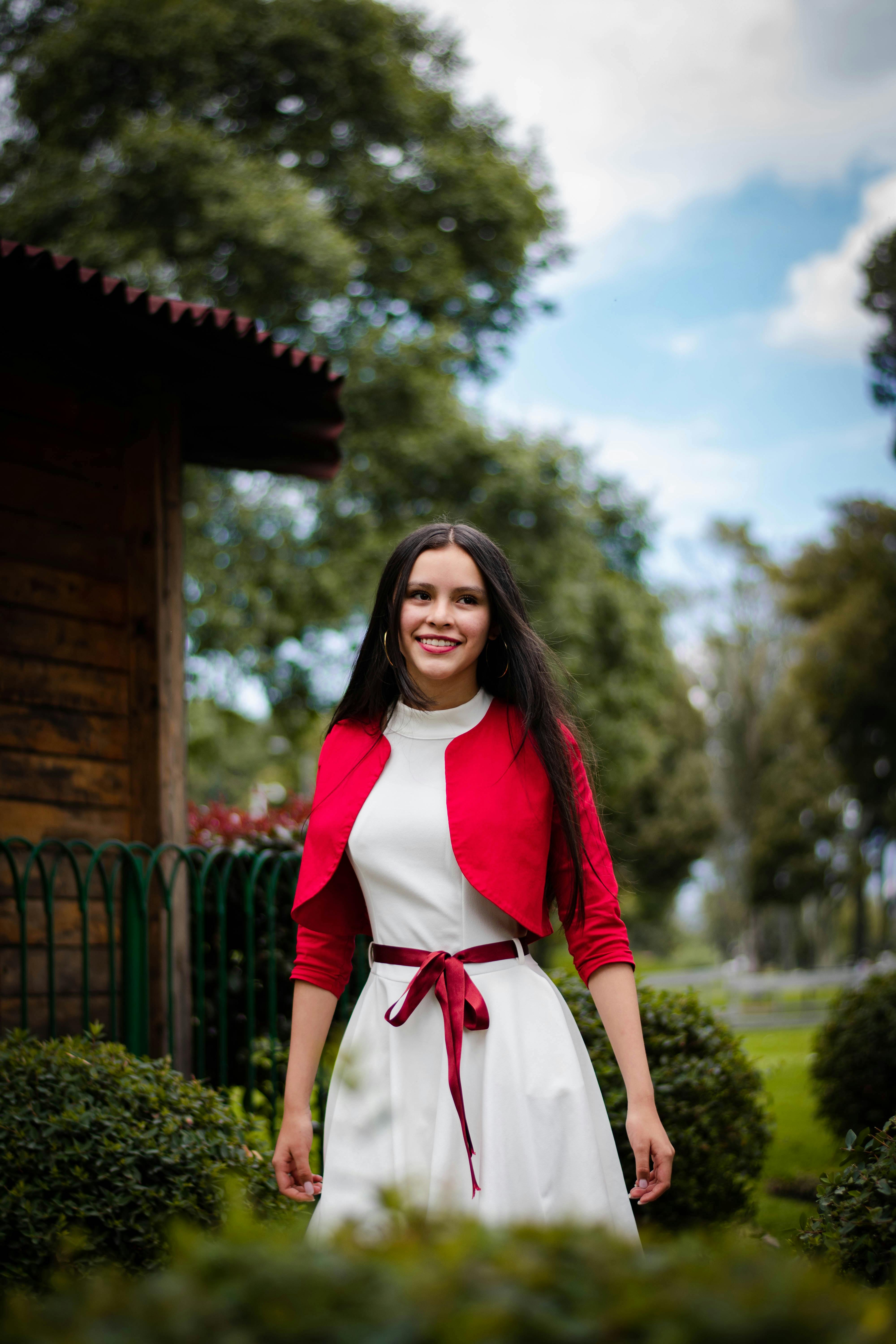 Red dress with deals white jacket